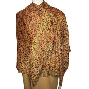 Isabella Viscose Fringed Gold Orange Bronze Tapestry Scarf Shawl Wrap India Made